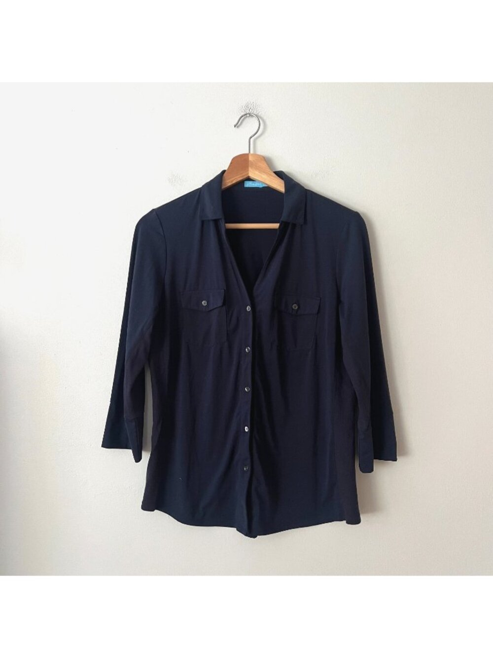 J. McLaughlin Navy Blue Jersey 3/4 Sleeve Button Up Blouse Women's Size Medium
